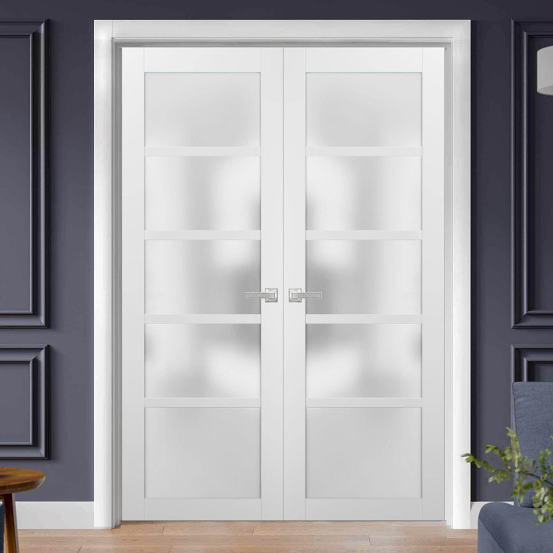 Portes françaises blanches en verre givré Quadro avec trousse de quincaillerie d'installation, 56 po x 96 po