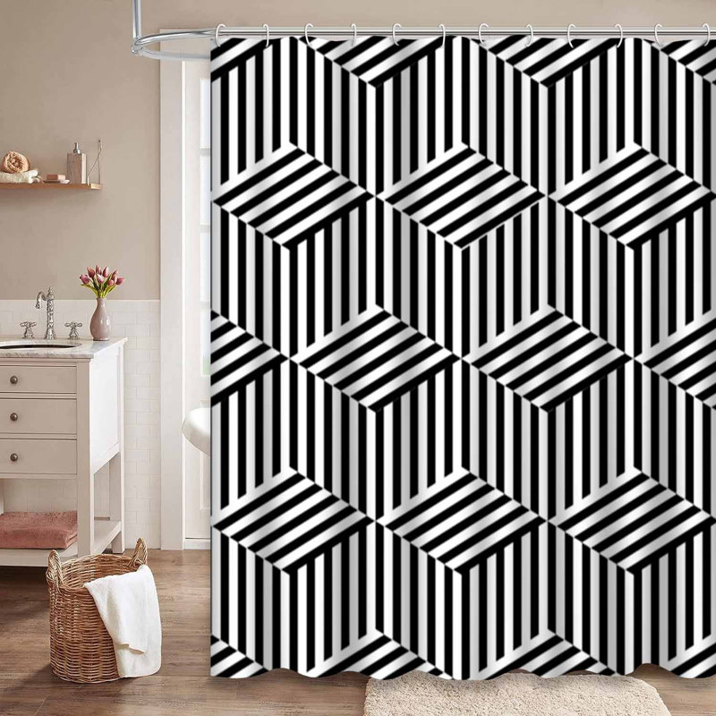 Rideau de douche géométrique noir et blanc avec 12 crochets, L 72 po x l 78 po