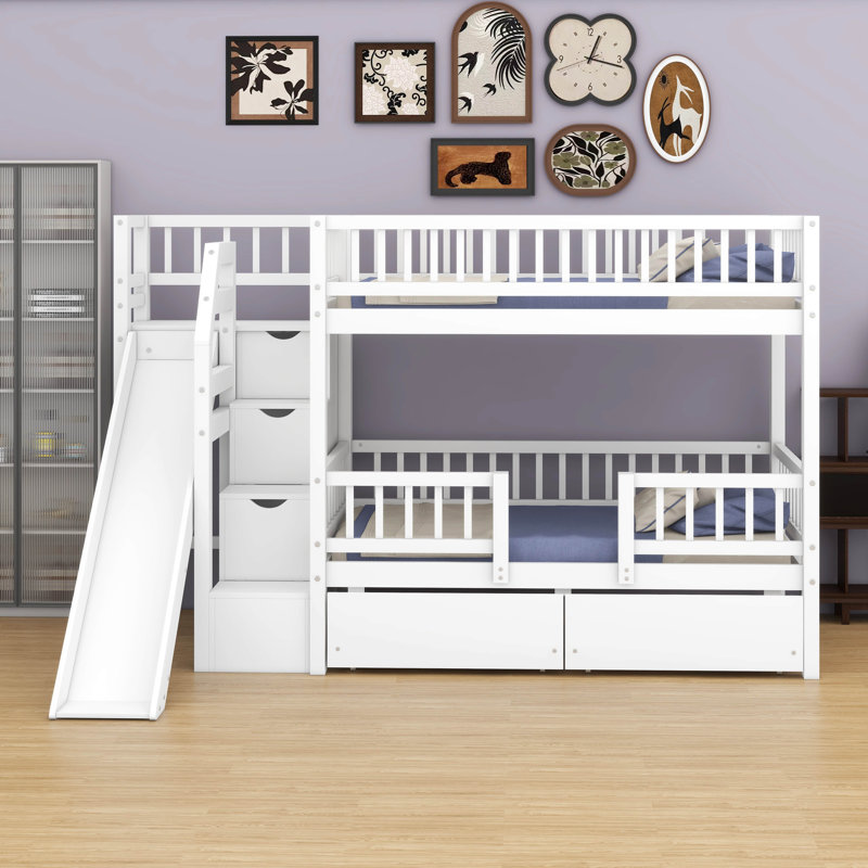 Lit superposé simple au-dessus de simple - Escalier de rangement, glissade pour enfants et 2 tiroirs, Blanc