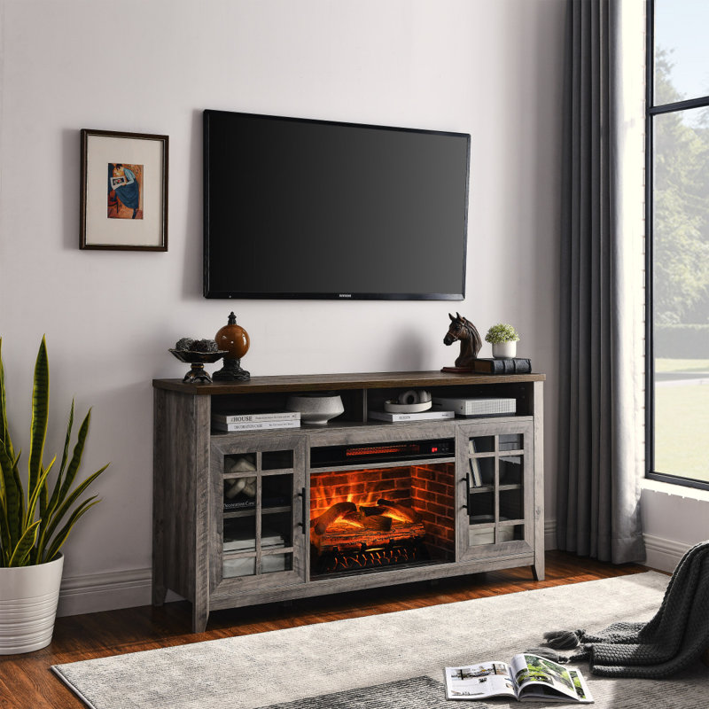 Meuble télé 55 po avec foyer électrique KD Inserts, Gris délavé