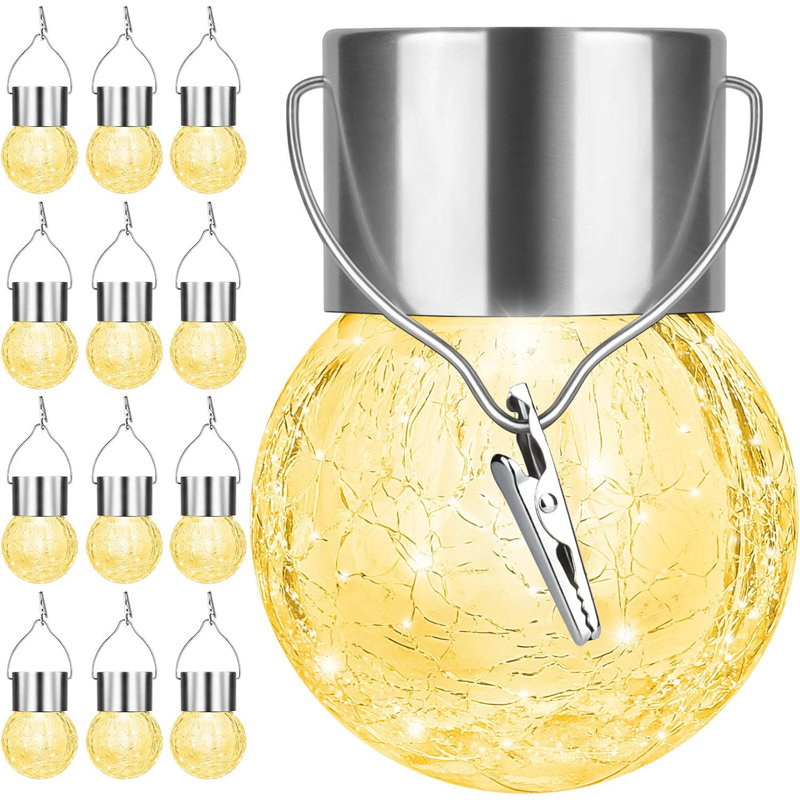 Arlmont & Co. 12Pack Hanging Outdoor Solar Lights - Decorative Cracked Glass LED Ball Lights Waterproof Tree Solar Powered Globe Lights With Handle For Garden Yard Patio Fence