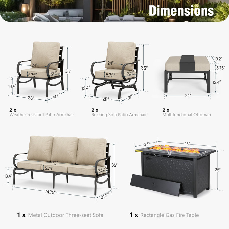 Ensemble de conversation de patio pour 9 personnes Tapasi avec chaises longues berçantes et table de foyer optionnelle, Oui