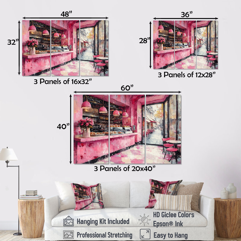 Ensemble de décoration murale rose pâtisserie paradisiaque accentuée de noir, Toile tendue, H 32 po x l 48 po x P 1 po