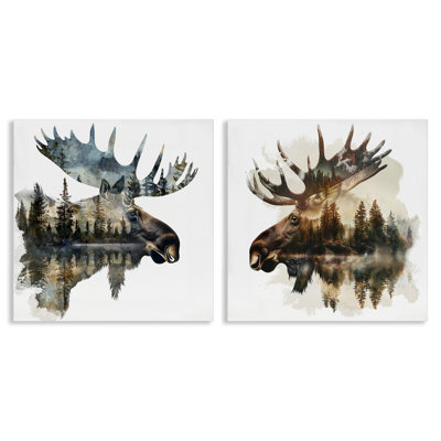 "Woodland Moose Forest Silhouettes", ensemble de 2 toiles murales par LSR Design Studio