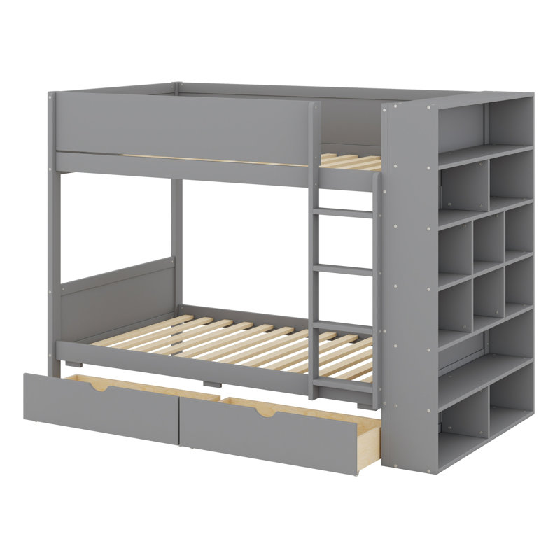 Lit superposé avec 2 tiroirs et armoire à couches multiples, Gris, Simple sur simple