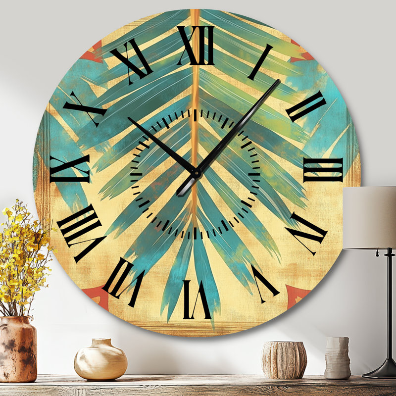 Horloge murale ronde en métal à motif de palme dans une lumière émeraude - Style tropical, Grand
