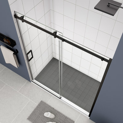 5/16" Tempered Glass Bathroom Sliding Door - Matte Black, Smooth & Good Sealing With Black Finish Easy Cleaning