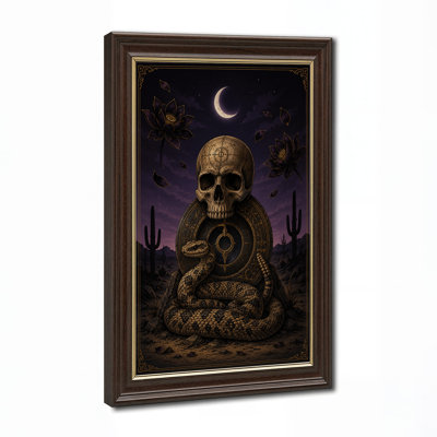 Impression sur toile, crâne doré et serpent enroulé dans la nuit du désert