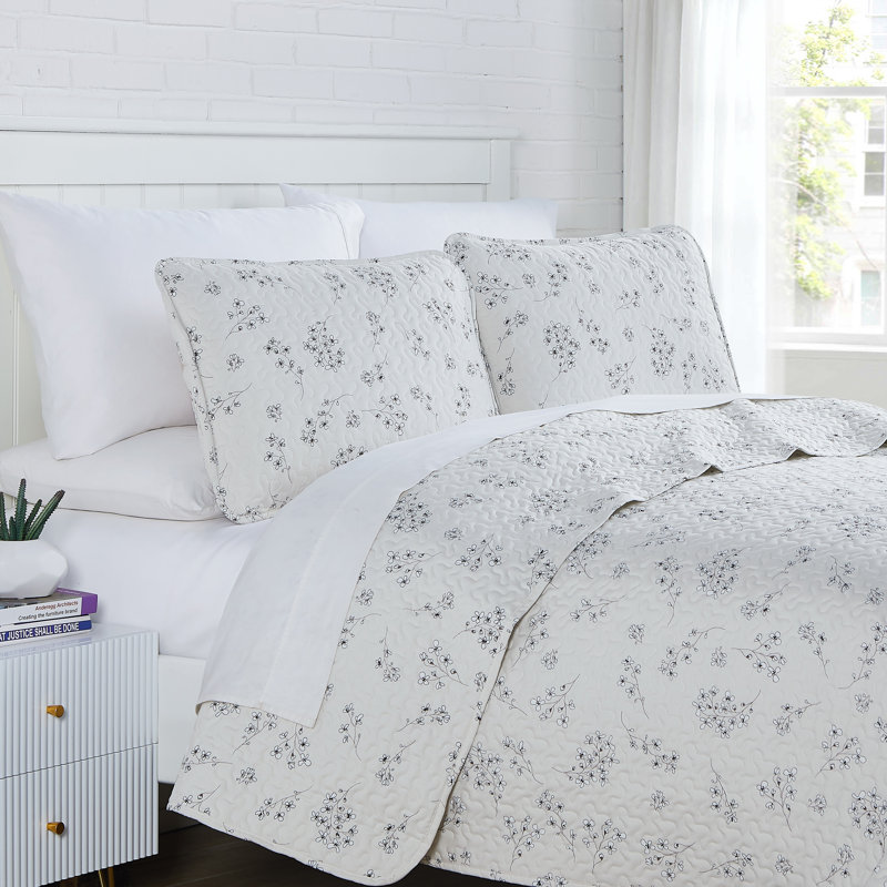 Sweet Florals Collection Microfiber Quilt Set, Twin Quilt + 1 Standard Sham, Gray