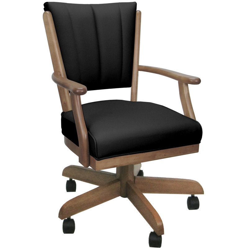 Leather Solid Wood Dining Caster Chair, Natural Wood, Black