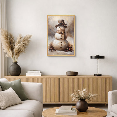Charming Snowman Smiling Scarf and Top Hat Artwork, Modern Rustic Neutral Warm Brown Wall Pictures, Large Framed Canvas Giclee Print Wall Art