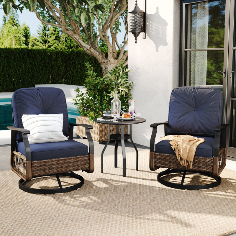 Denison 2-Person Outdoor Seating Group, Wicker Swivel Chairs with Cushions and Side Table, Blue