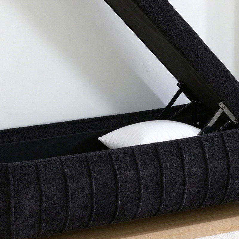 Banc de rangement ovale moderne en chenille capitonnée avec couvercle rabattable et pieds sphériques, idéal pour l'entrée et le salon.
