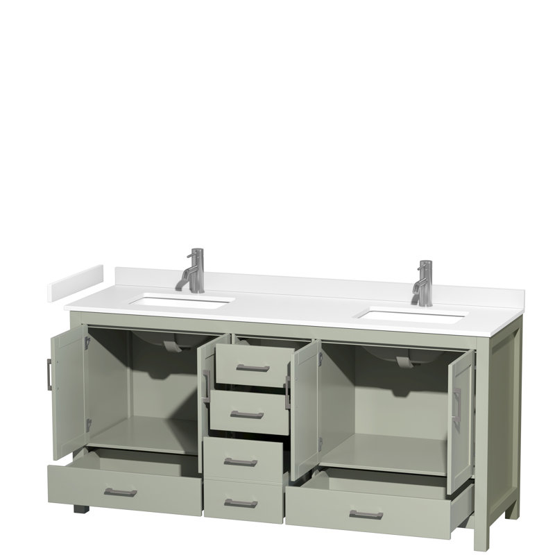 Sheffield 72" Double Bathroom Vanity Set, White Cultured Marble, Light Green