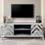 Meuble télé en miroir pour téléviseur de 65 pouces et plus, console de télévision avec rangement ouvert et 2 armoires de rangement, portes miroir en forme de M pour le salon (l 59 po x H 25,2 po x P 15,7 po)
