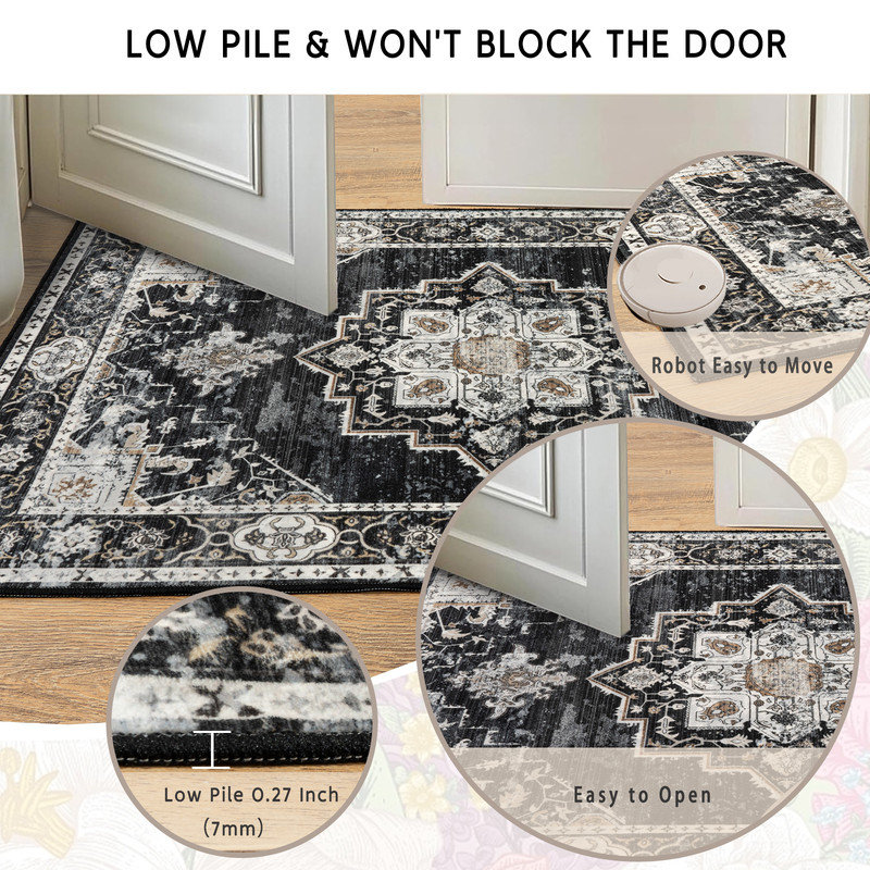 Tapis rond lavable à poils courts avec tapis floral rétro noir et blanc