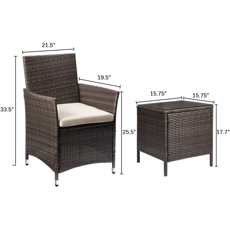 Ensembles de meubles de patio 3 pièces en osier de rotin PE avec table (brun / bleu), Beige, Brun