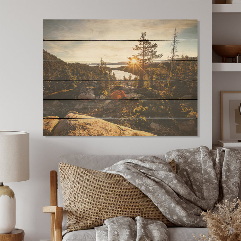 Mountain Hiking Views Tranquility - Mountains Wood Art On Natural Pine Wood, 10" H x 20" W