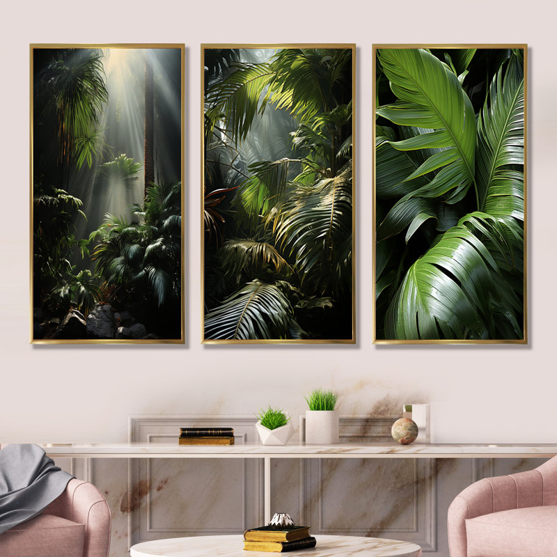 Ensemble de 3 palmiers et palmiers de la côte d'ivoire Jungle, Cadre flottant doré, H 28 po x l 36 po