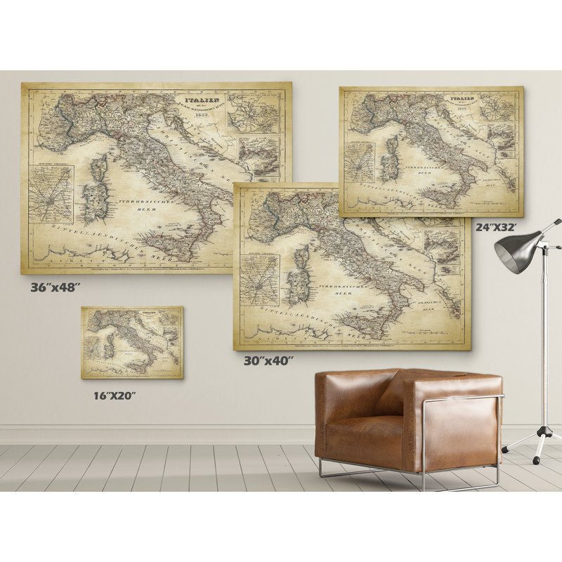Italie, croquis de carte II, impression sur toile, H 30 po x l 40 po x P 1,5 po