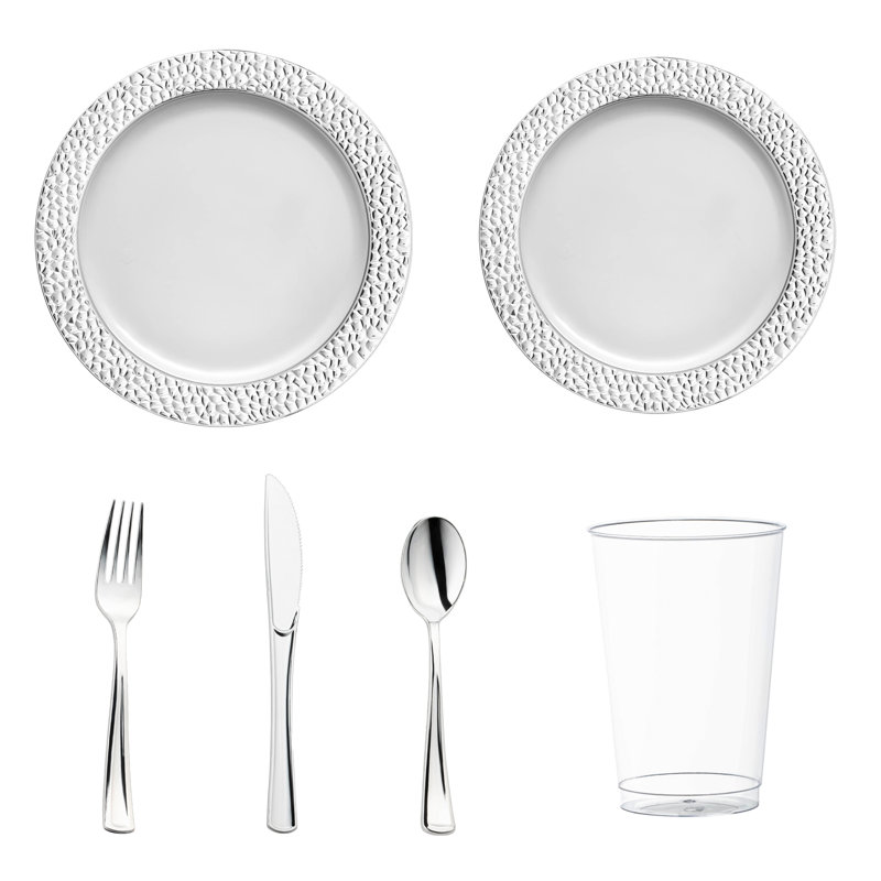 White with Silver Hammered Rim Round Plastic Wedding Value Set - 30 Settings