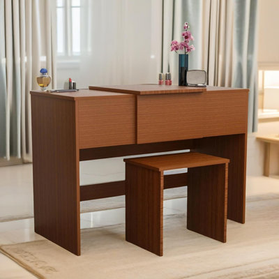 Akeesha Walnut Dressing Table with Mirror and Stool Dresser Makeup Desk Bedroom