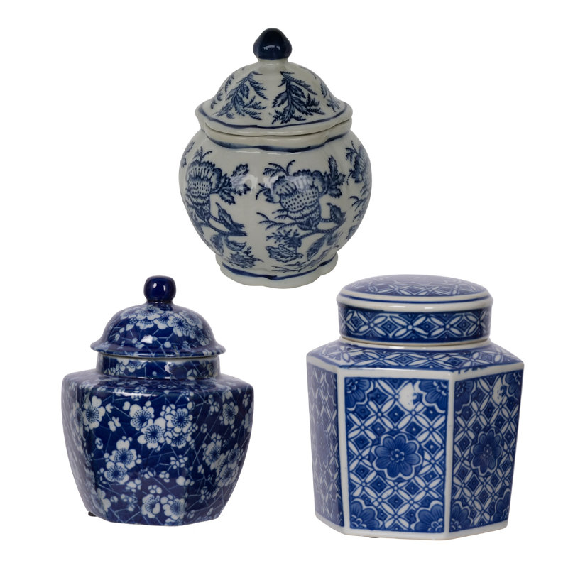 Porcelain Decorative Jars With Lid Set Of 3, Blue White Chinoiserie, 6 Inch, 6.3" H x 14.1" W x 4.7" D
