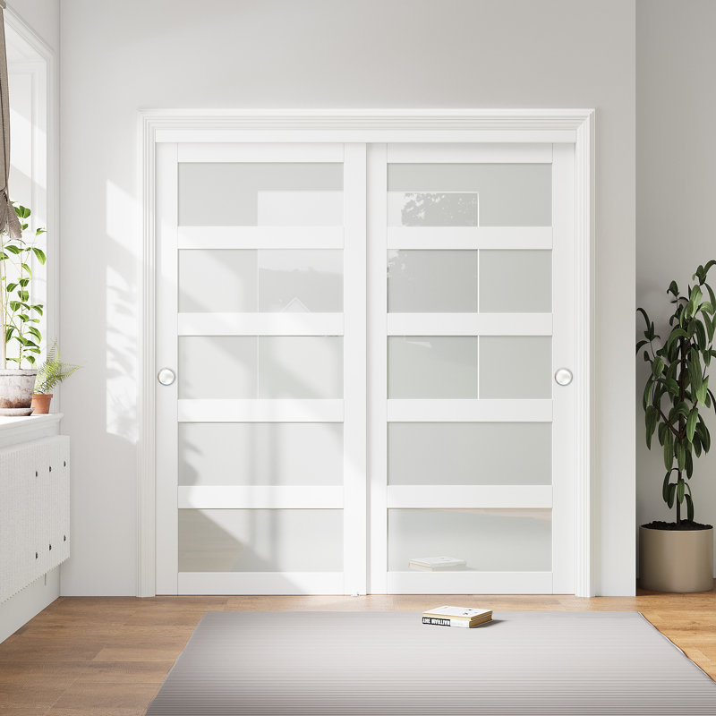 Porte coulissante intérieure en verre préfini en verre préfini blanc 72 "x 80" 5 Lite pour garde-manger et garde-robe avec ensemble de quincaillerie complet assemblé
