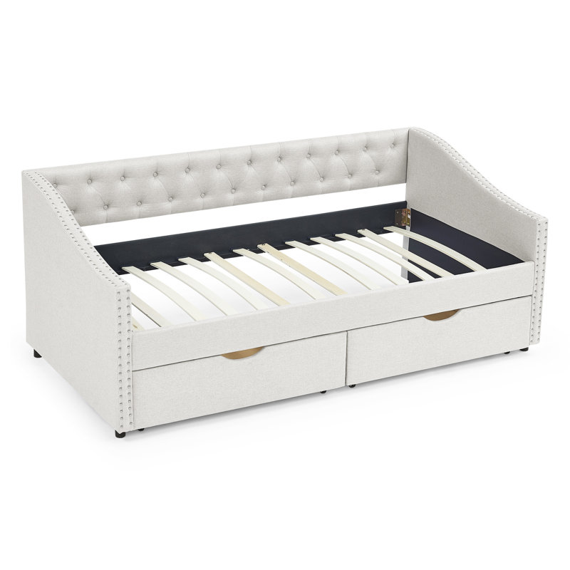 Comfortable Tufted Sofa Bed With Drawers And Sturdy Construction, Beige