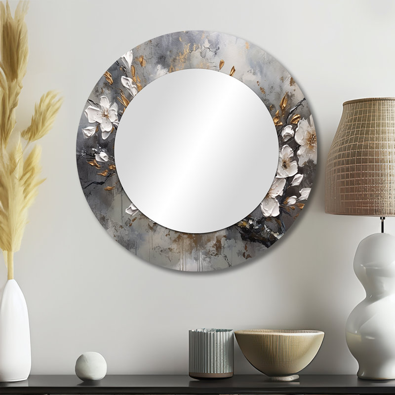 Blanc gris cerise Blossum Harmony I - grand miroir floral, miroir mural décoratif rond traditionnel, impression d'art en métal