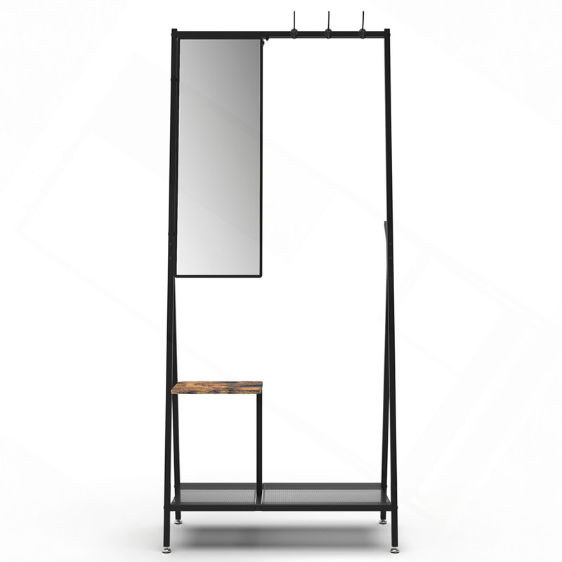 Coat Rack With Mirror, Multifunctional Hall Tree With Shoe Storage,  Aluminum Frame, For Living Room Bedroom 73X32x15", Industrial Style