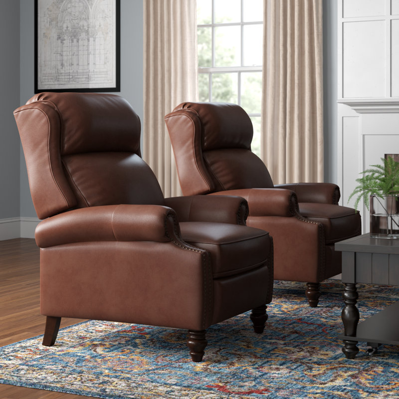 Ambrosane 33" Wide Genuine Leather Recliner (Set of 2), Brown Top Grain Leather