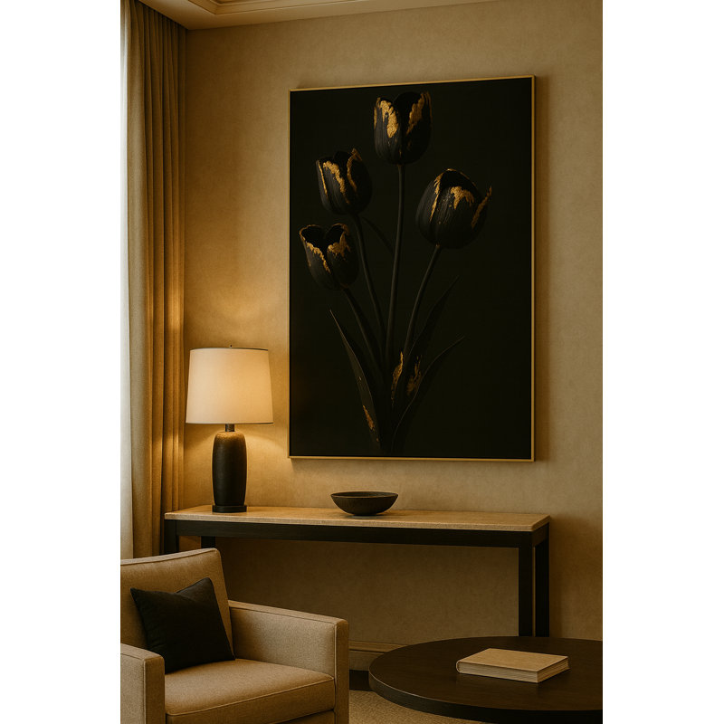 Gilded Stillness - Noir Botanical No. I Framed Canvas Wall Art by Kasian Art Studio - White Frame, Brown