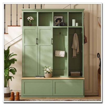 Arbre d'entrée moderne de style campagnard avec 4 armoires cachées, portemanteau avec tablettes ouvertes, banc de rangement d'entrée tout-en-un Mid-Century avec tiroirs et 6 crochets
