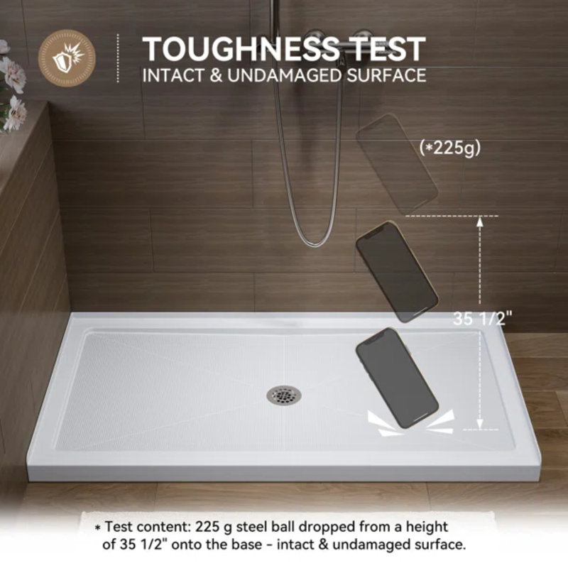 60" W x 32" D Alcove Shower Pan Base with Center Drain in High Gloss White