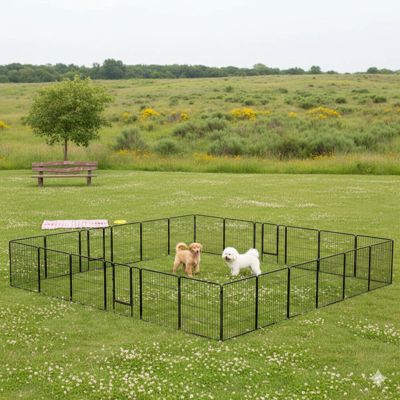 Parc extensible pour animaux de compagnie composé de 24 panneaux, comprenant une porte qui se verrouille, d'une taille totale d'environ L 220,5 po x l 157,5 po x H 31,5 po, conçu pour les chiens de petite et moyenne taille