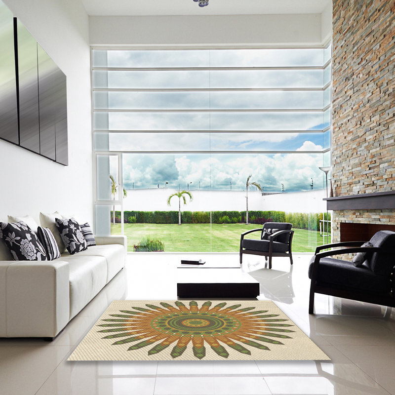 Tapis en laine vert / orange / crème, Carré 3 pi