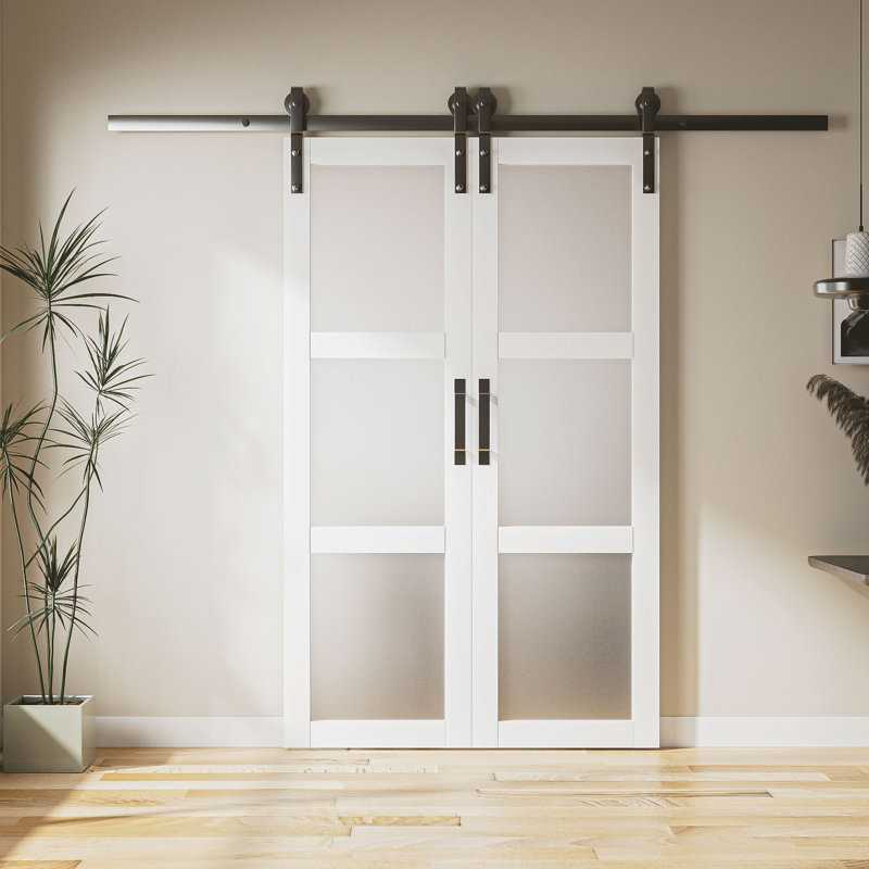 Portes de grange coulissantes à double panneau en verre givré 48 po x 84 po x H 48 po avec quincaillerie d'installation