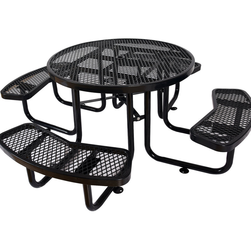 46" Steel Outdoor Picnic Table With Umbrella Pole - Black, Ideal For Tailgate Events And Picnics Round Fishing Fun, Black