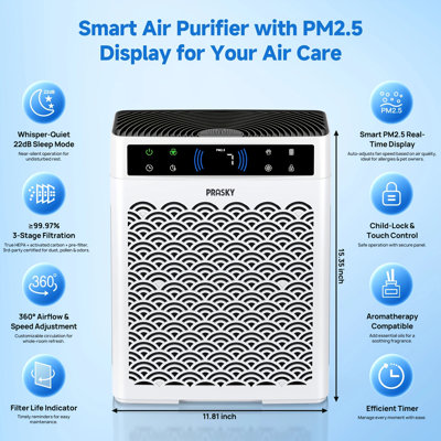 Purificateur d'air intelligent et silencieux HEPA avec affichage de la qualité de l'air en temps réel, filtration 3-en-1 pour les allergies et les animaux de compagnie, et diffuseur d'aromathérapie pour la maison