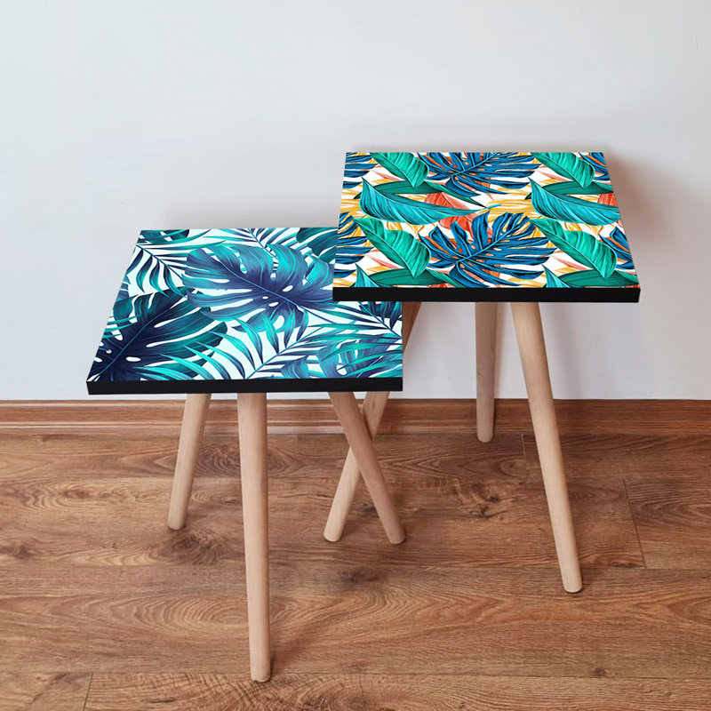 Tables gigognes modernes (2 pièces), pieds en bois de hêtre, 13,8 x 18,5 x 13,8 pouces et 13,8 x 16,5 x 13,8 pouces | 100% panneau de fibres à densité moyenne avec une épaisseur de 0,7 pouce | Élégant et fonctionnel pour le salon ou le bureau, conception peu encombrante