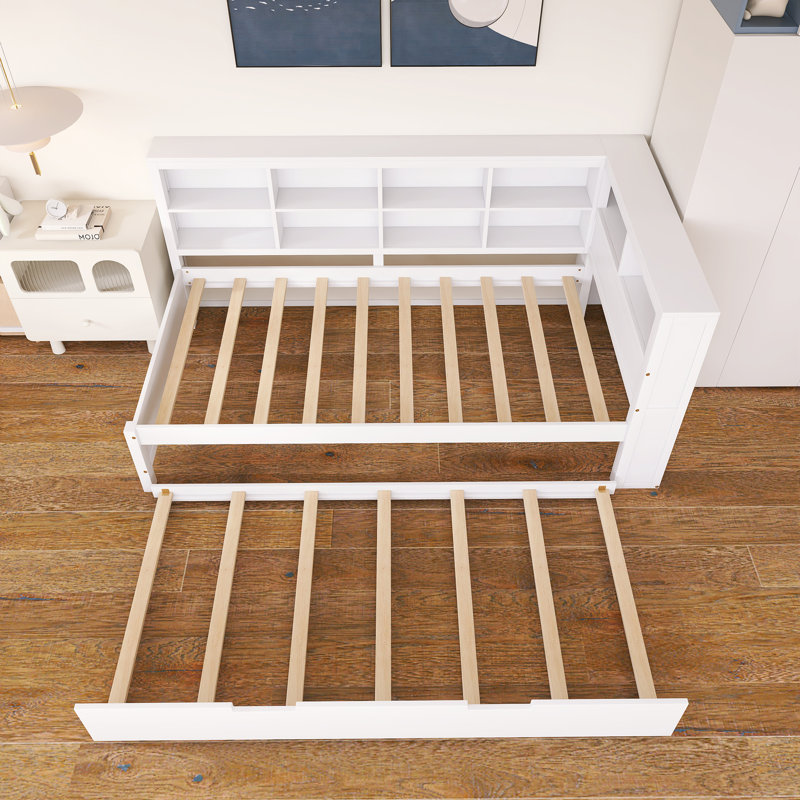 Lit de jour simple avec couchette en bois, tablette de rangement et ports de charge USB, Twin, White