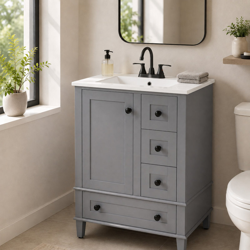 Meuble-lavabo autoportant de 61 cm de largeur avec tiroir compartimenté, rangement sur porte et comptoir en céramique, Gris