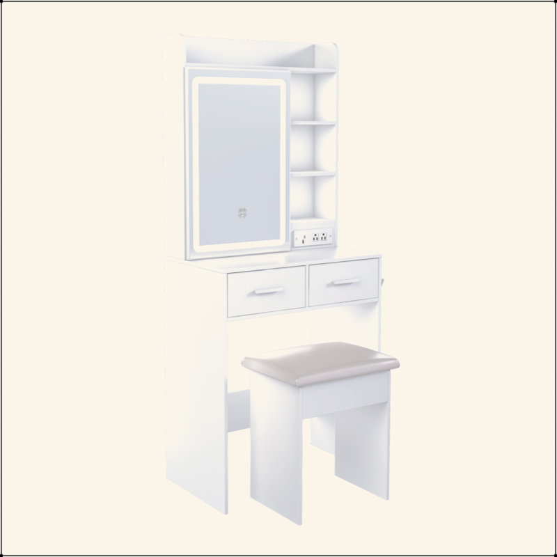Small Makeup Vanity Desk With Mirror & Adjustable LED Lights,Built-In Power Outlet & Hidden Storage, Includes Padded Stool & Shelf,Space-Saving Dressing Table For Small Bedrooms