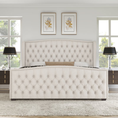 DuJuan Deep Button Tufted Upholstered King Bed with Nailhead Trim Wingback Headboard, Cream 