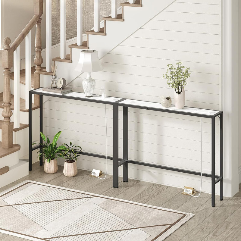 Narrow Console Sofa Table With Charging Station, Slim Behind Couch Table For Living Room, Hallway, Foyer, Built-In Power Outlets, Sturdy Engineered Wood And Metal Frame