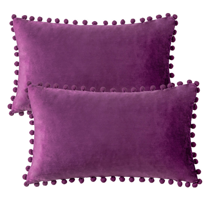 Coussin Silky Velvet Series Pom-poms, Mauve foncé, Housse de coussin et insert, Rectangle H 12 po x l 20 po
