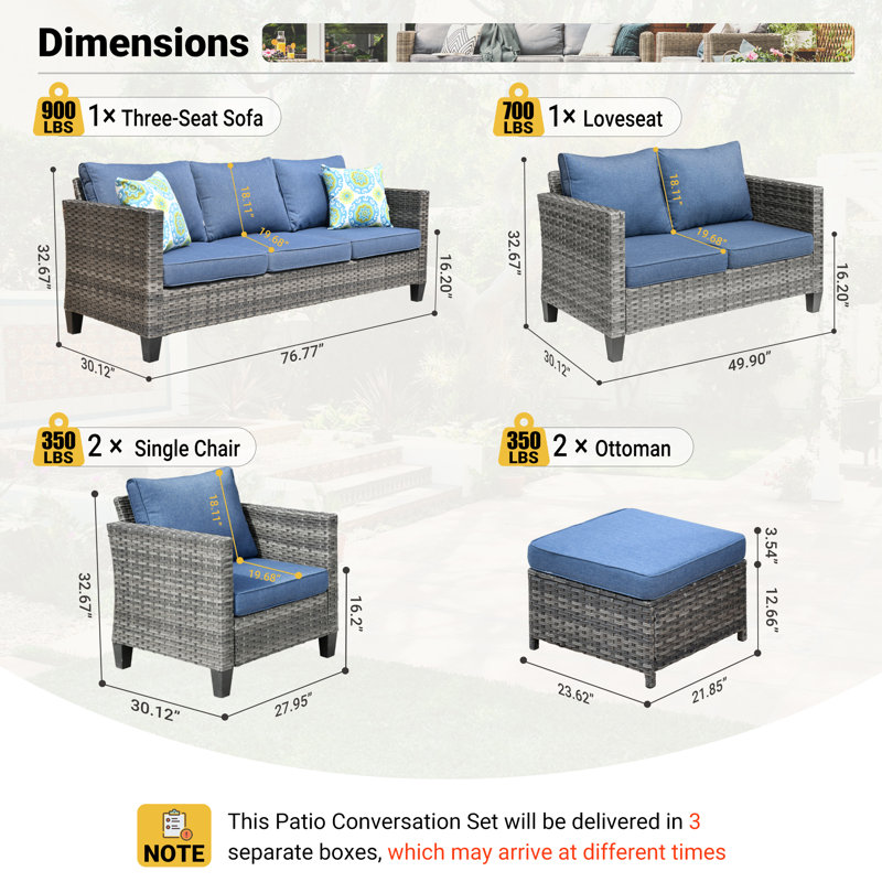 Lovall Premium All-Weather Wicker 9 - Person Patio Conversation Sets with Cushions, Denim Blue