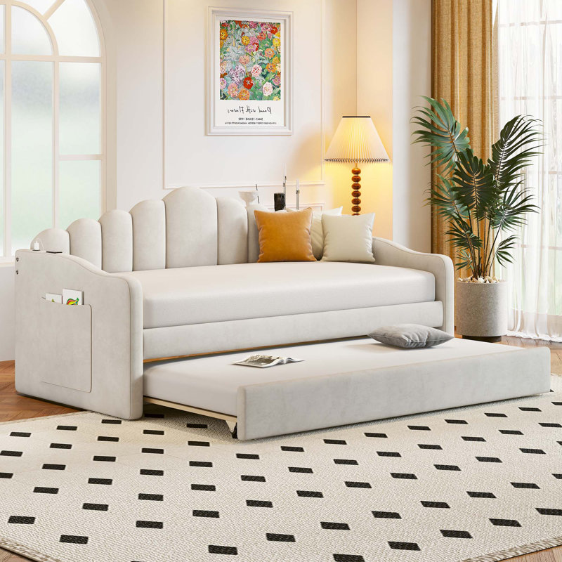 Lit de jour simple rembourré avec couchette, Beige