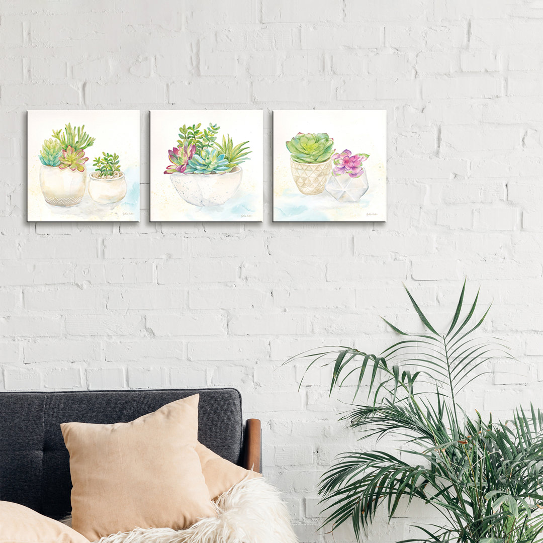 'Sweet Succulent Pots Triptych' 3 Piece Painting Set on Wrapped Canvas